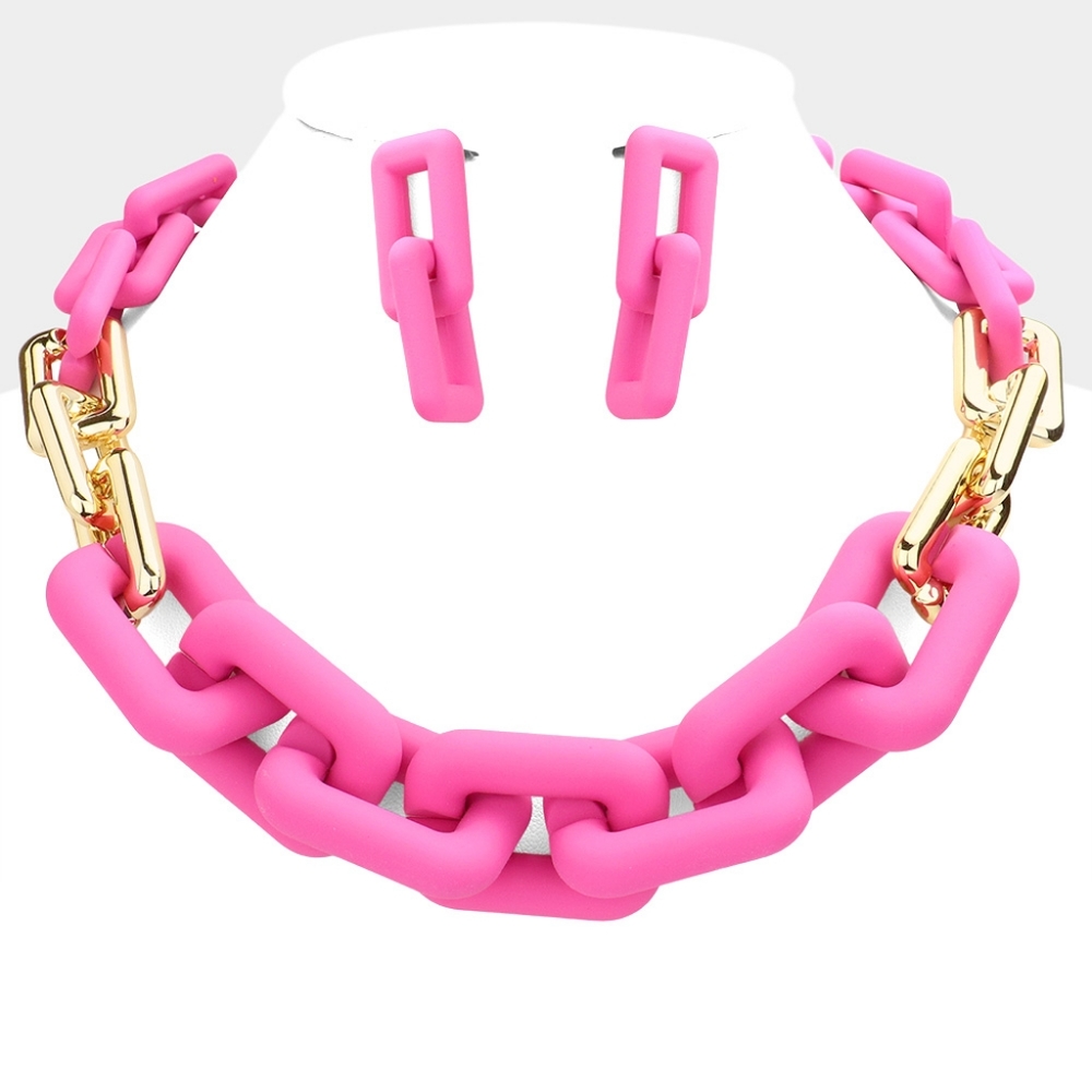 Pink Gold Chunky Big Link Necklace Chain Cute Jewelry Set Open Rectangle Bold